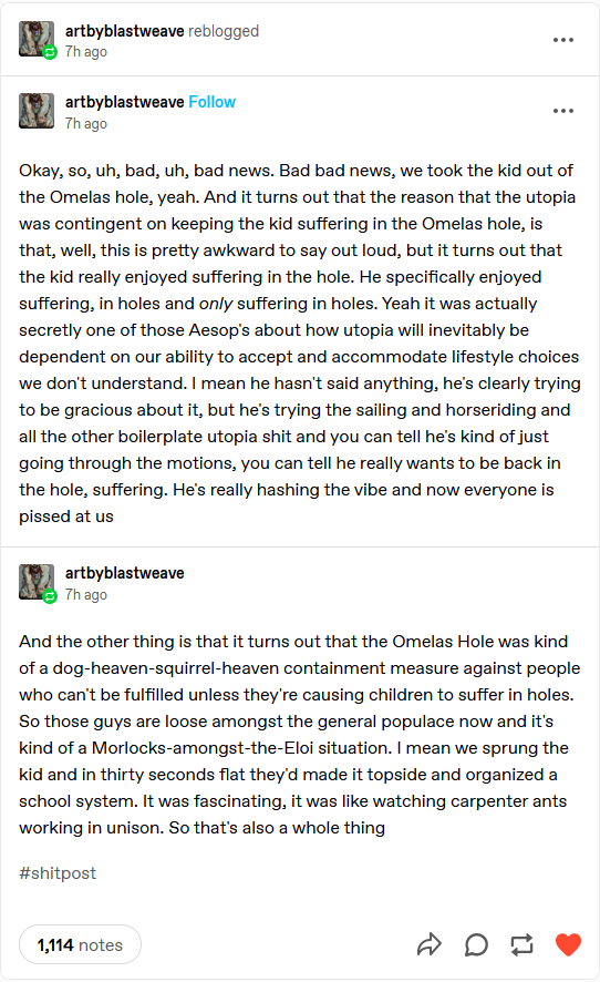 Screenshot of a Tumblr post about Omelas with the following text:
